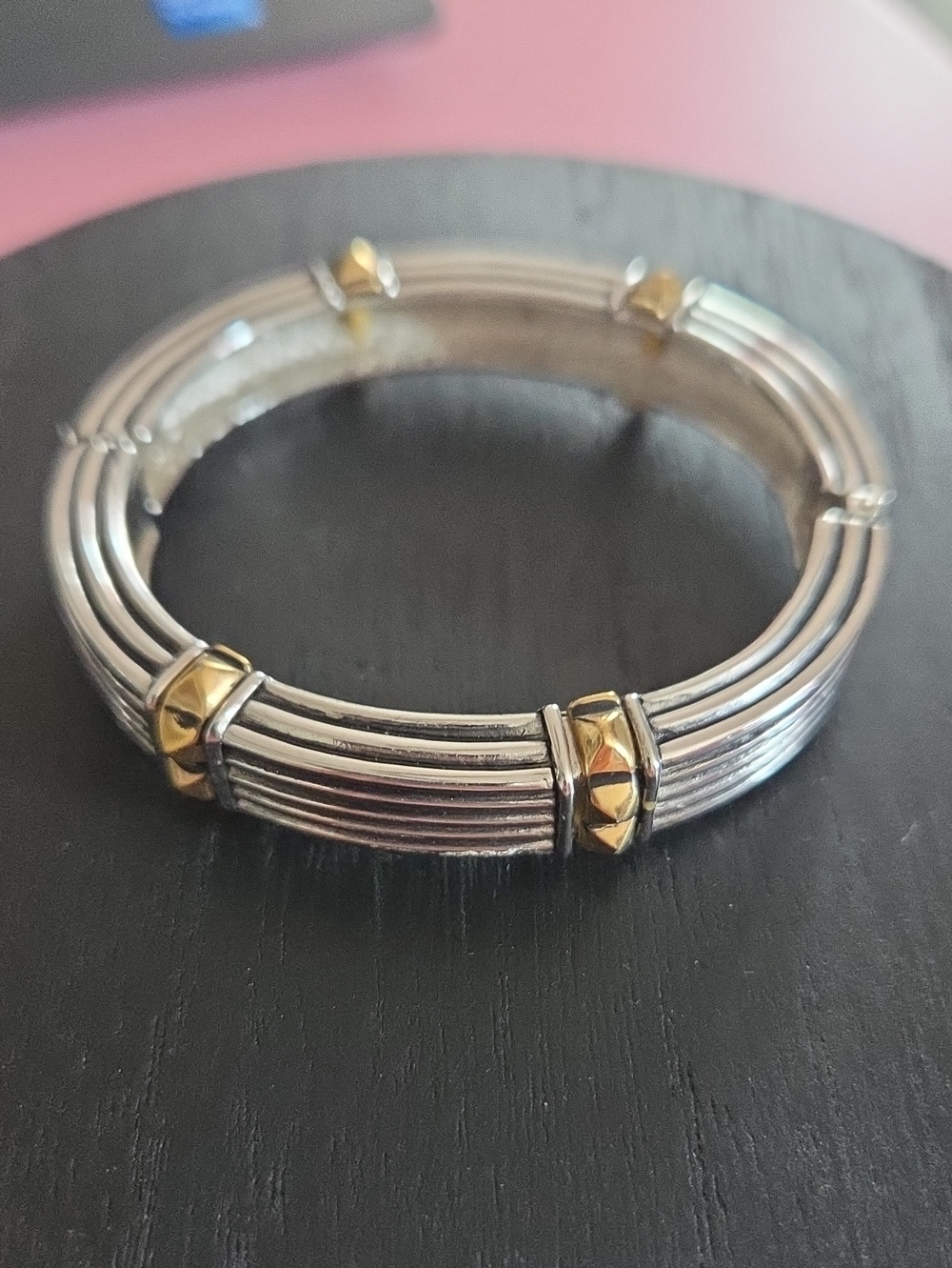 Two-Tone Silver and Gold Ribbed Stackable Bangle Bracelet